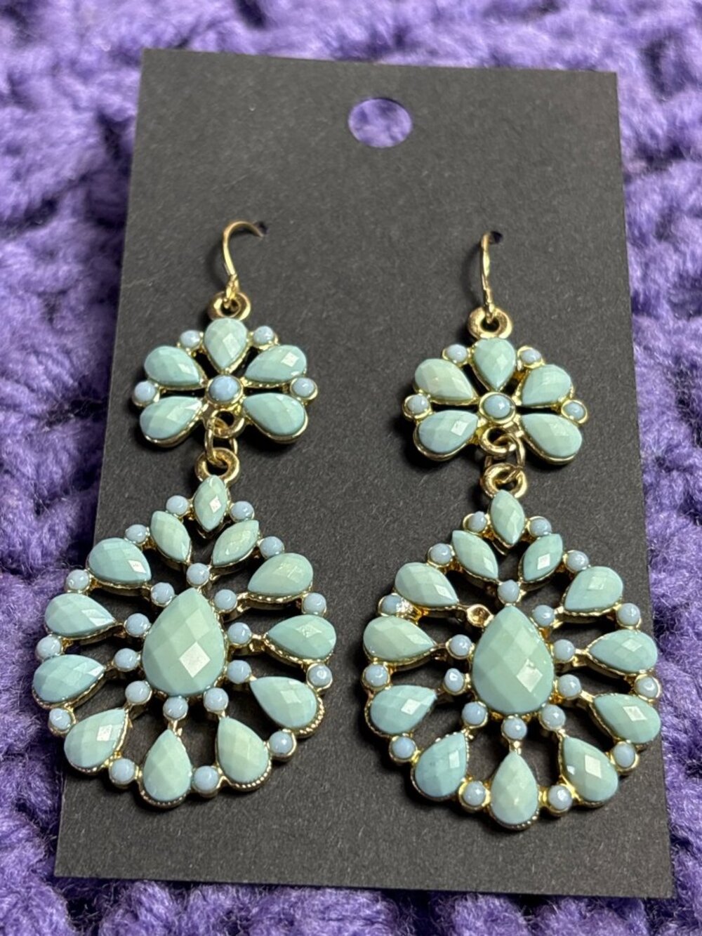 Mint Green and Sky Blue Rhinestone Cabochon Dangle Earrings Goldtone 2 inches